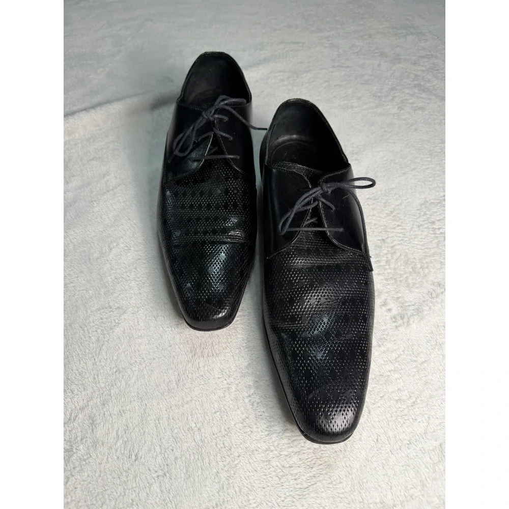 Paul Fredrick Mens Black Leather Textured Diamond Oxford Dress Shoes 12M Italy